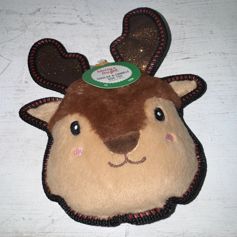 Lot Of 4 Merry & Bright Crinkle Santa Raccoon Reindeer Snowman Squeaker Dog Toys
